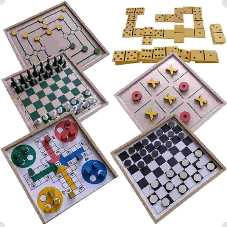 6 em 1 Jogos de Tabuleiro Clássicos Xadrez, Damas, Ludo, Jogo Da Velha, Dominó, Trilha (6 Jogos em 1 caixa)
