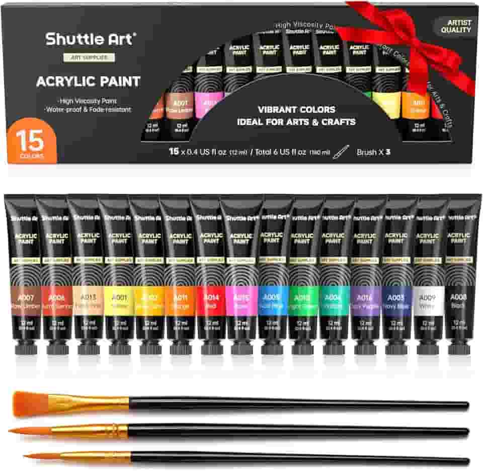 Shuttle Art Conjunto de tinta acrílica, tubos de 15 x 12 ml, pigmentos ricos não tóxicos, cores perfeitas para crianças, adultos, iniciantes, artistas pintando em tela, tecido de argila de madeira,