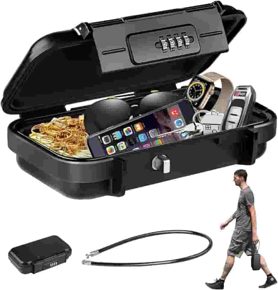 Cofre Portátil à Prova D'água,Cofre Pequeno Com Fechadura Por Combinação 4 Dígitos,Dígitos e Cabo De Aço Removível Para Praia, Viagem, Hotel, Carro e Casa-ABS Resistente