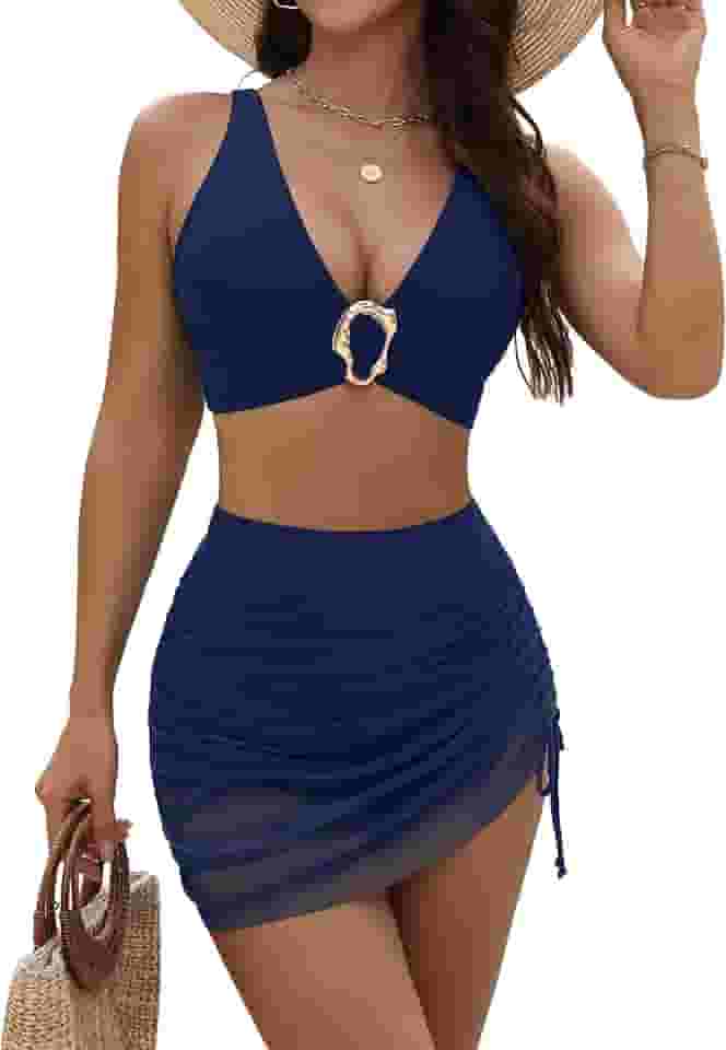 Conjunto de biquíni feminino de cintura alta, retrô, com controle de barriga, roupa de banho sarongue de malha 2025