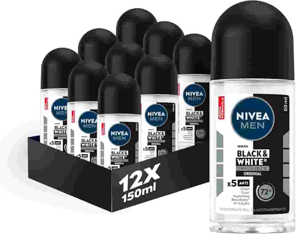 Kit NIVEA MEN Desodorante Antitranspirante Roll On Black & White INVISIBLE Original 50ml - 12 Unidades