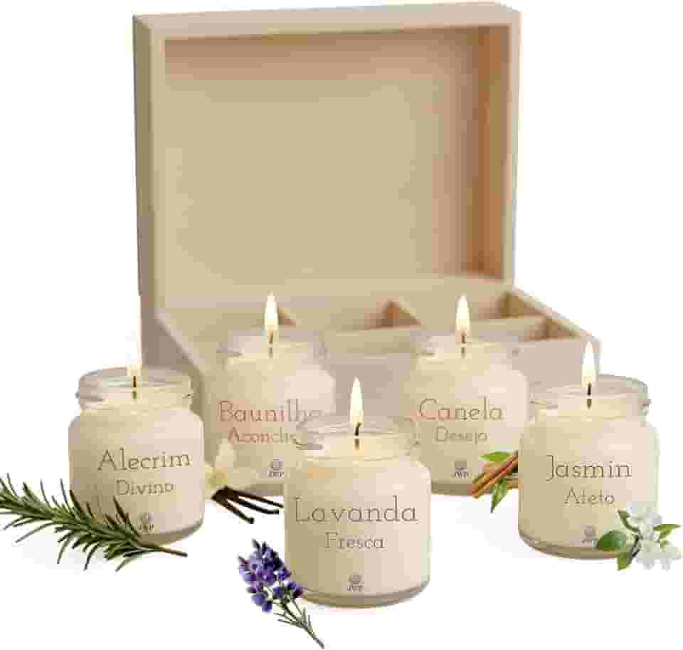 Kit 5 Velas Aromáticas Perfumadas | 50g cada - Alecrim, Baunilha, Lavanda, Jasmim, Canela - Fragrância Intensa - Cera de Coco e Soja