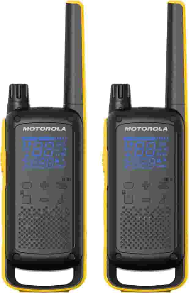 Rádios bidirecionais Motorola T470 Talkabom, de longo alcance, recarregáveis, à prova d'água, 22 canais, 80 km ao ar livre, preto, amarelo, pacote com 2