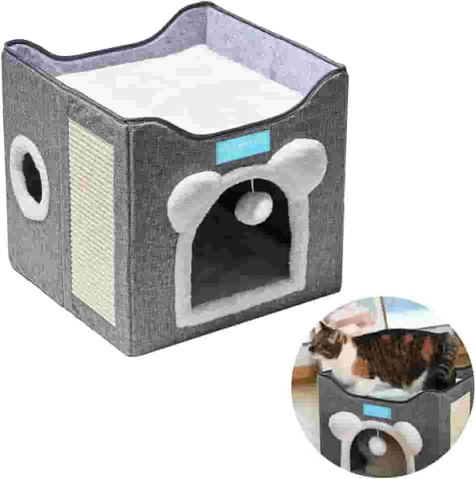 Casa Cama para Gatos Pet 2x1 Toca 2 Andares Dobravel Ninho Brinquedo Arranhador Cinza - Duke & Dixie