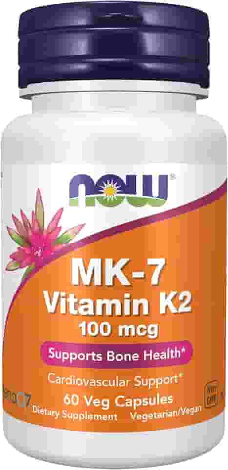 Suplementos NOW, vitamina K2 MK7 100 µg, auxílio cardiovascular*, auxilia na saúde óssea*, 60 cápsulas veganas