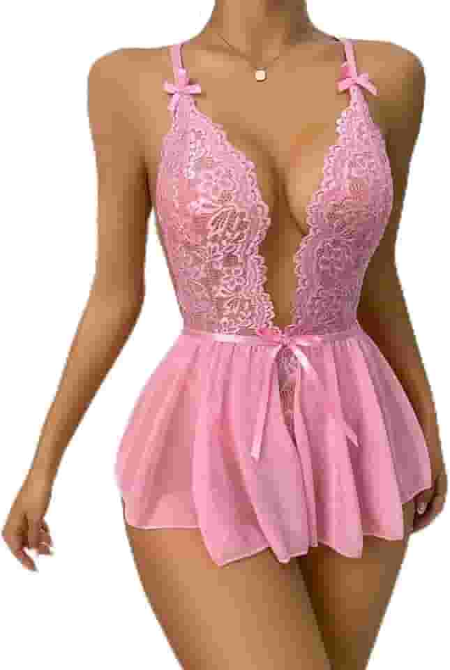 Conjunto de lingerie sexy feminina, babydoll de renda, body inteiro, minissaia, roupas impertinentes