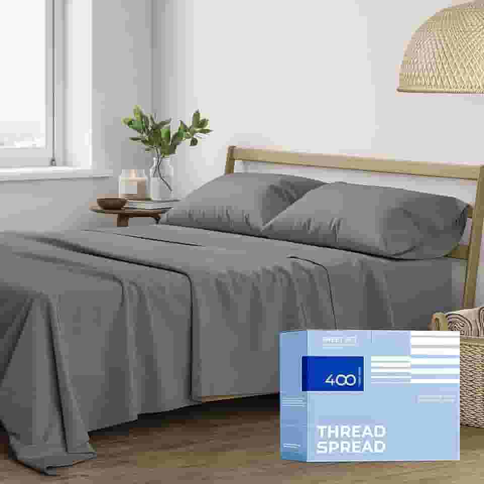 Lençóis THREAD SPREAD Queen – 400 fios 4 peças 100% algodão egípcio, lençóis refrescantes Queen, lençóis de algodão de cetim trançado, jogo de cama queen com bolso profundo, lençol queen macio (cinza