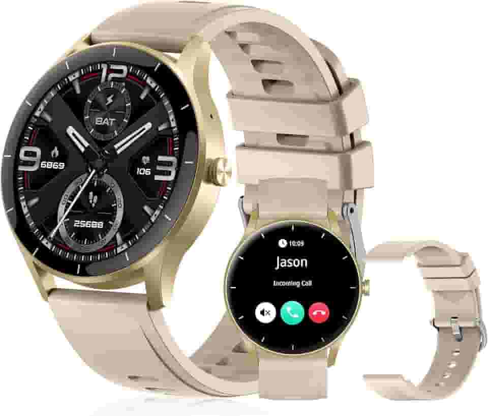 Smartwatch PEJE Relógio Smartwatch com Pulseira Extra - Tela Touch HD 1.28",À Prova d'Água IP68,Faz Chamadas Bluetooth,123+ Modos Esportivos,Bateria de 5-7 Dias,Compatível com iOS/Android.(Dourado)
