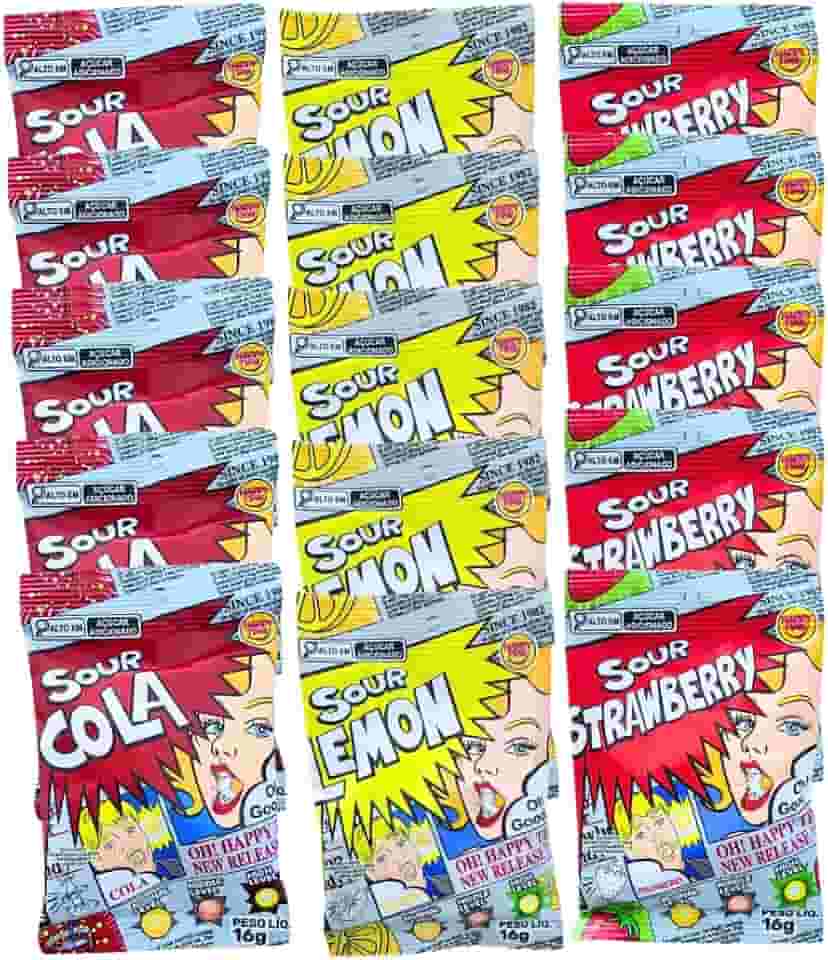 Kit Desafio SOUR 15 Pacotes | Bala Mais Azeda do Mundo | 3 Sabores (Limão, Cola e Morango) | Acidez Extrema Importada
