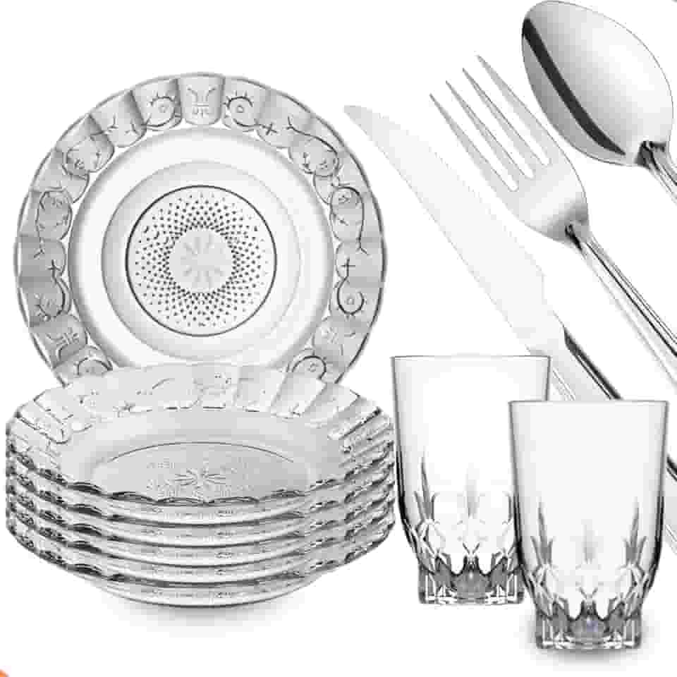 Kit Jantar 30 Peças – 6 Pratos Fundos Estrela, 6 Copos Vidro 230ml, 18 Talheres Aço Inox – Sofisticação, Praticidade e Elegância para Sua Mesa