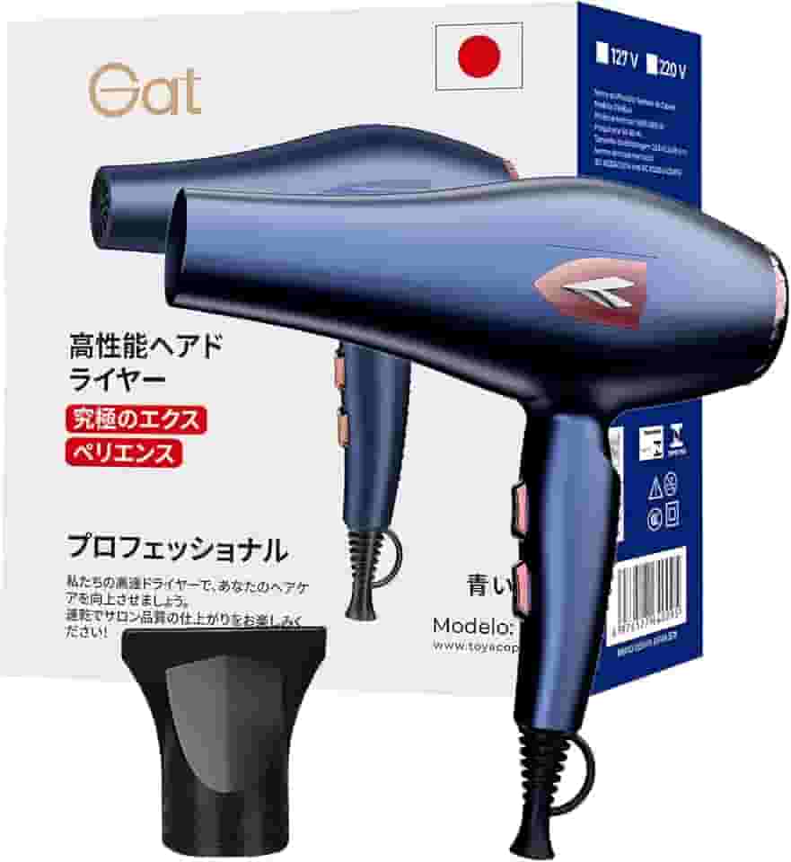 Gat Secador de Cabelo Profissional 1800W – Potente Motor Turbo, Rápida Secagem, Controle de Temperatura, Compacto e Portátil Ideal para Viagem e Uso Doméstico (Azul, 220V)