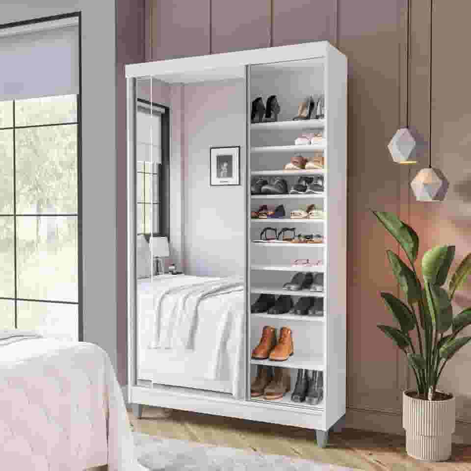 Sapateira 2 Portas de Correr com Espelho e 20 Prateleiras Ajustáveis Diamante Yescasa Branco