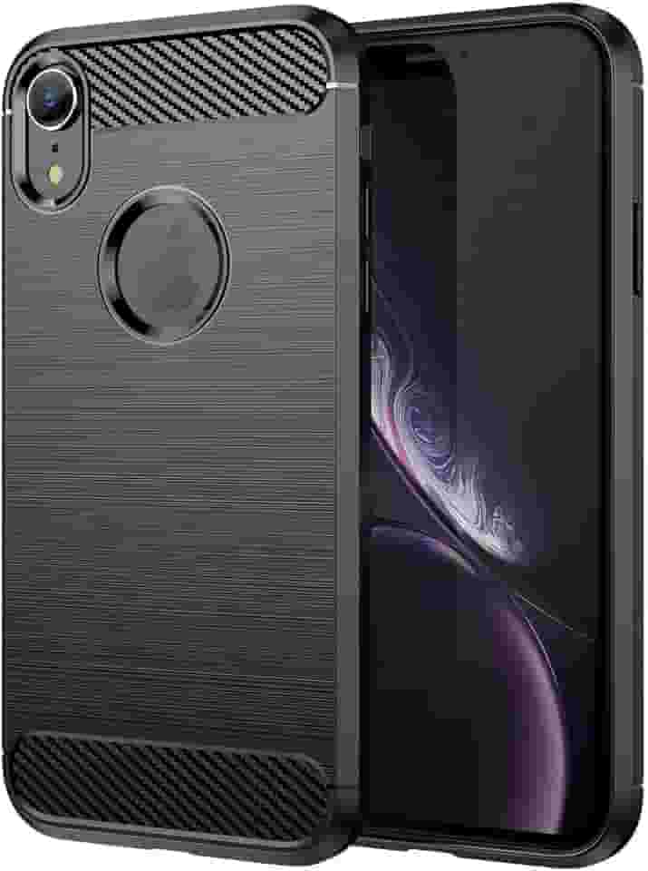 Capa de celular para iPhone XR, fibra de carbono refinada, anti-queda, anti-impressões digitais, proteção total preta