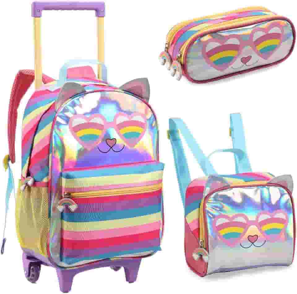 Kit Mochila Escolar Com Rodinhas Gatinho Menina Feminina Brilhante