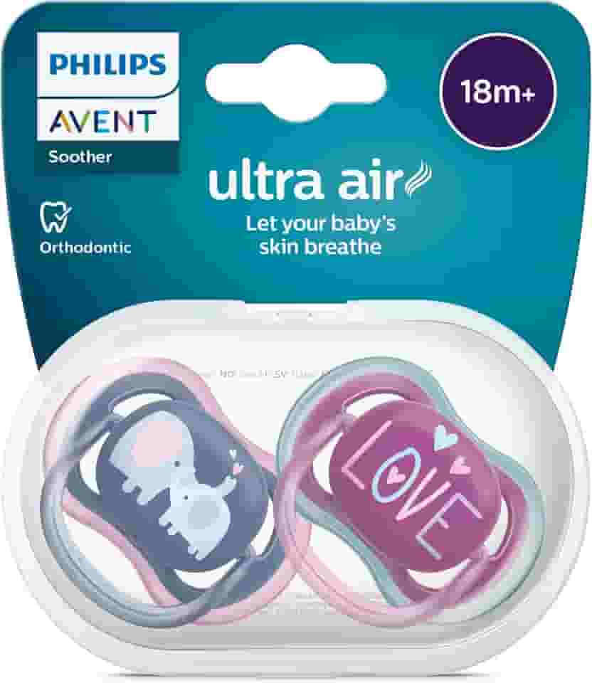 Chupeta Philips Avent Ultra Air Dupla, Design Ortodôntico, Para Bebês de +18 Meses, sem BPA, com Caixa Esterilizadora, Azul/Rosa, SCF349/22