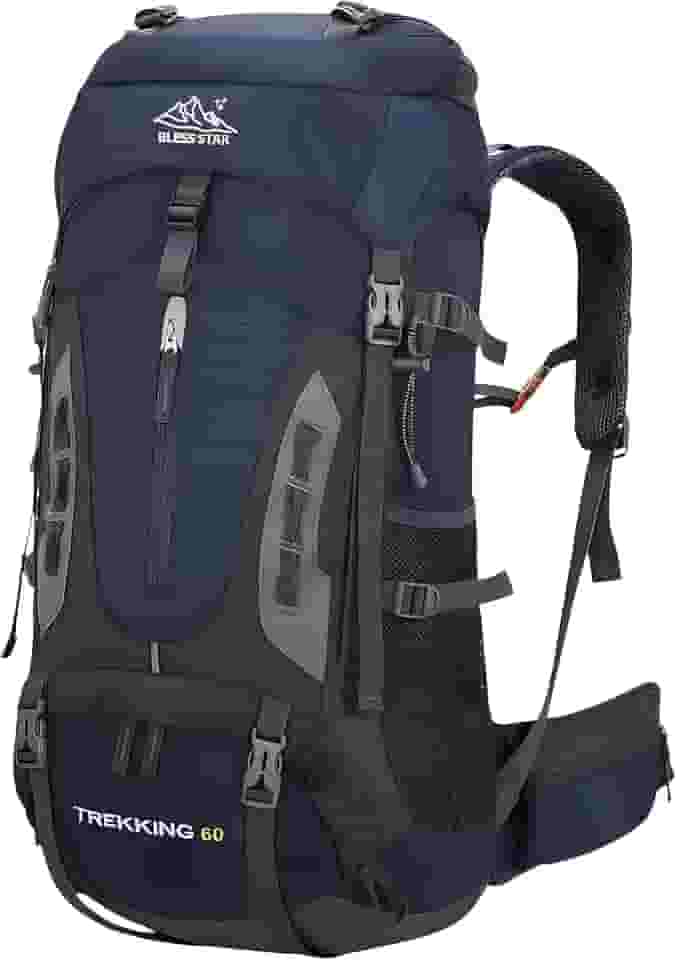 Mochila Bless star Trilha Camping Caminhada Viagem Montanhismo Alpinismo Mochilão Grande Cargueira Trekking Masculina Feminina Com Capa de Chuva 60 Litros (Azul Marinho)