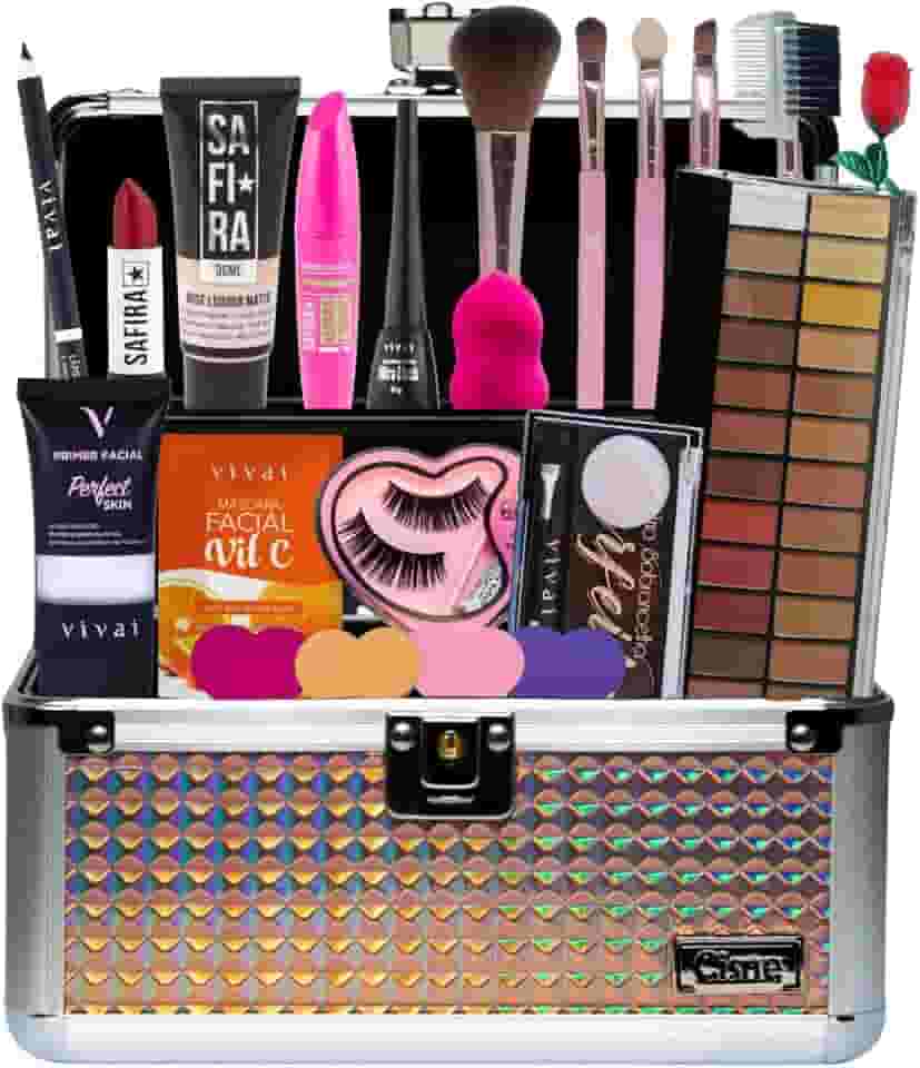 Maleta de Maquiagem Completa com 13 Itens Profissionais Estojo Elegante em Metal Paleta de Sombras Pincéis Cílios Base Premium Top Exclusiva Beleza Sagaro (PELE MORENA)