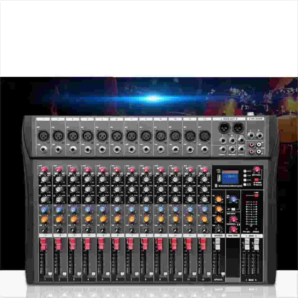 VEDO Mesa de som 12 canal, Small Stage Bluetooth USB MP3, entrada 48V Phantom Power DJ Karaoke Mobile Live High Power Mixer Professional 12 Channel Studio Audio Mixer 110V/220V 12 canais