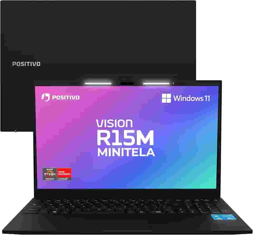Notebook Positivo Vision R15M AMD Ryzen 7-5825U Linux 16GB RAM 512GB SSD Wi-Fi 6 Tela 15” Full HD IPS Antirreflexo - Minitela - Permite upgrade de memória RAM e SSD - Preto