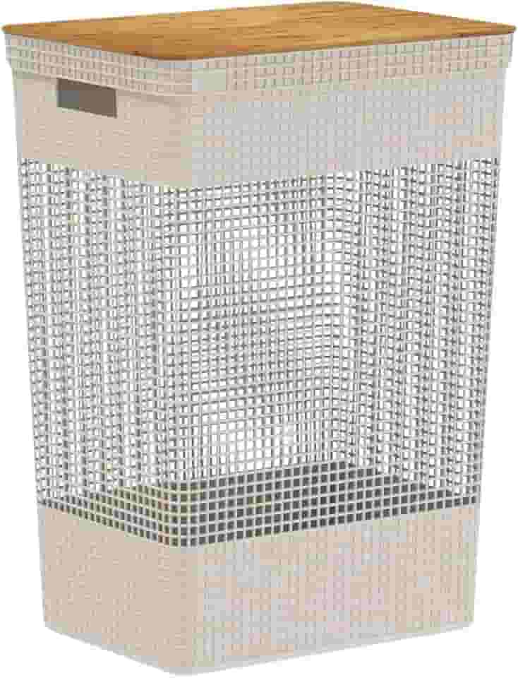 Ou Cesto de roupas 49L com tampa de bambu Bege Linha Grid
