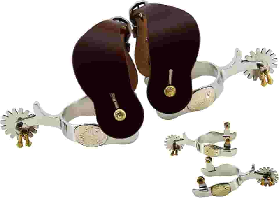 Jeereal Esporas masculinas ocidentais antigas de aço inoxidável com tiras de espora, acabamentos de prata alemães gravados