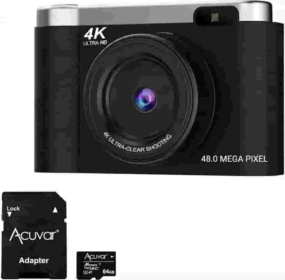 Acuvar Câmera Digital 4K Para Fotografia Com Foco Automático, Vlog De 48 Mp No Youtube, Cartão Sd 64 Gb, Tela Flip 2,8", Zoom Compacto Viagem 8X, Flash, Antivibração, Bateria Recarregável