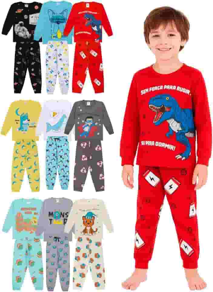 Kit Sortido 4 Peças Pijama Manga Longa Bebê Menino - 2 Conjuntos Pijamas Comprido Masculino Infantil Inverno