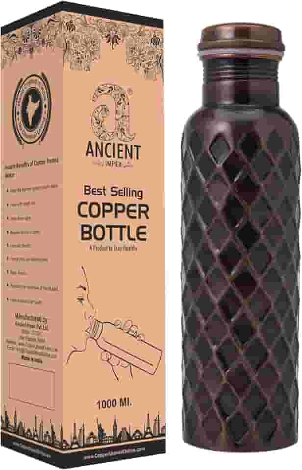 Garrafa de água de cobre puro 950 ml (acabamento diamante antigo premium) | Garrafa de cobre ayurvédica para benefícios à saúde | Garrafa de bebida à prova de vazamento, sem juntas e ecológica para