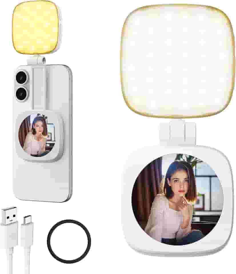 Luz magnética de selfie para telefone: 5 modos de LED com espelho compatível com iPhone e Android - luz de preenchimento portátil recarregável para fotografia/gravação de vídeo/conferência