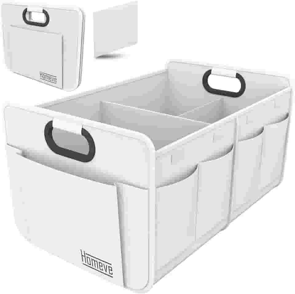 Homeve Organizador de porta-malas para carro, alças reforçadas, organizadores de carro dobráveis com vários compartimentos (branco, 2 compartimentos)