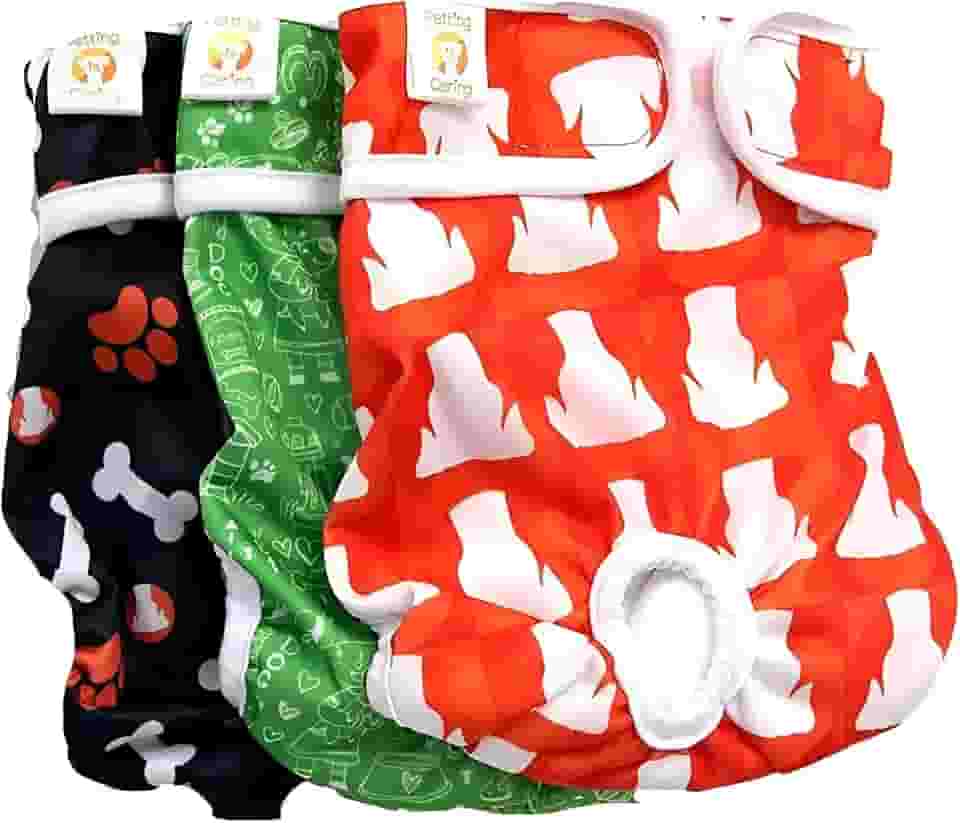 Fralda Cachorro Fêmea Reutilizáveis 3 Pcs Petting Is Caring - Materiais Duráveis ​​Solução lavável na máquina para incontinência de animais de estimação e viagens longas (NEW DESING, M)