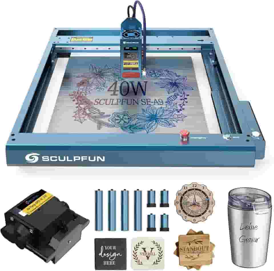 SCULPFUN SF-A9 Gravador a Laser, Cortador a Laser CNC com Potência Comutável de 40W/20W, Gravação de Alta Velocidade, com Várias Funções de Proteção, Corte de Compensado de 20 mm, 400 * 400 mm