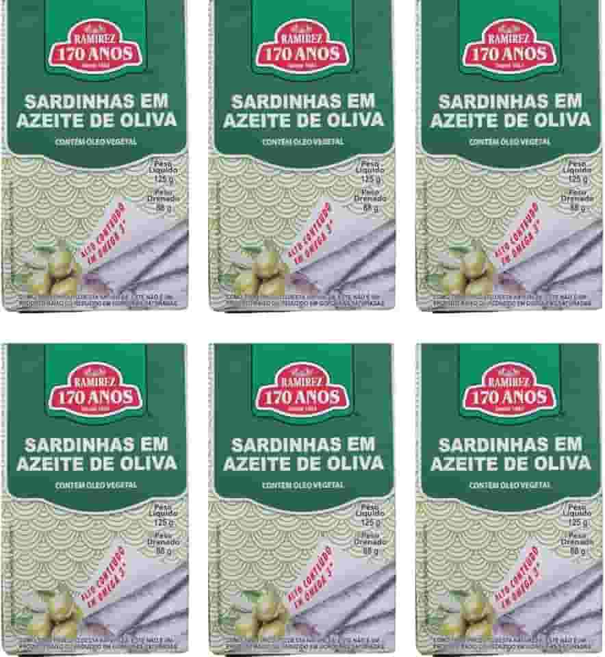Sardinha em Lata Portuguesa - 100% em Azeite de Oliva - 125g - RAMIREZ - Tampa Abre Fácil - 6 Unidades.