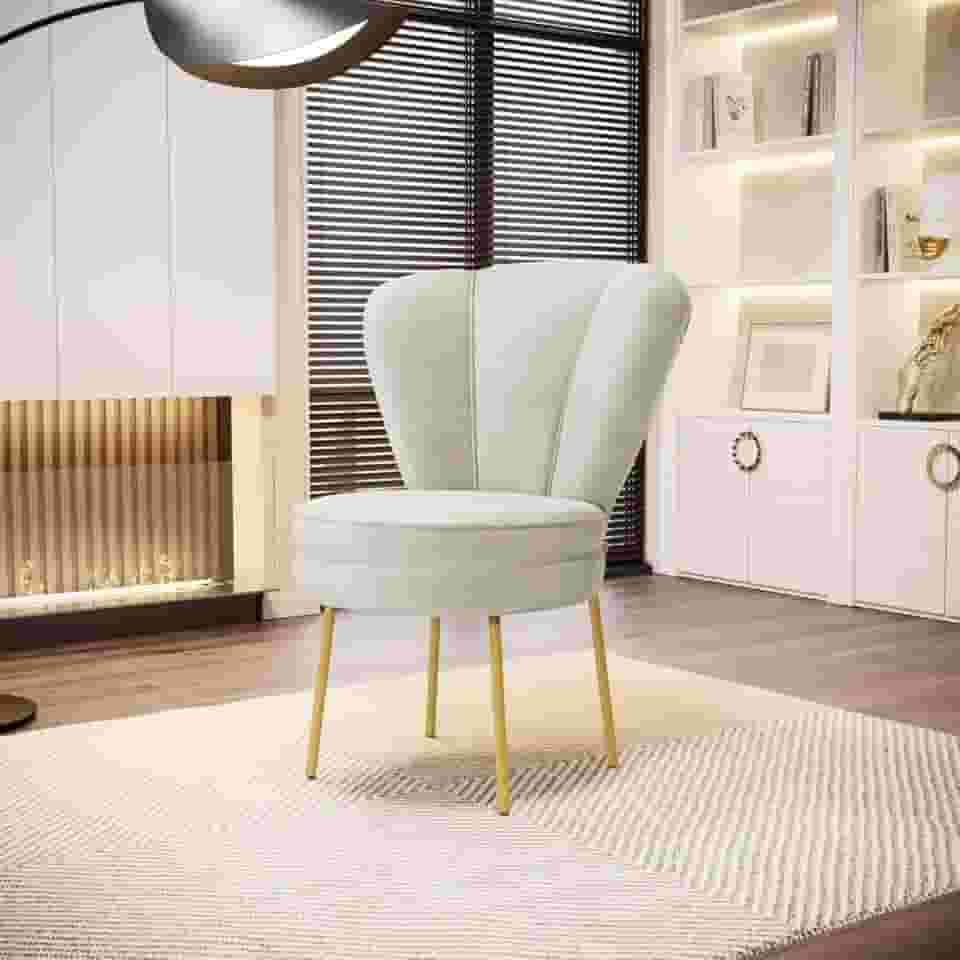 Cadeira Decor Estofada para Estudio de Beleza Maquiagem Tecido Veludo Pés de Ferro (Bege)