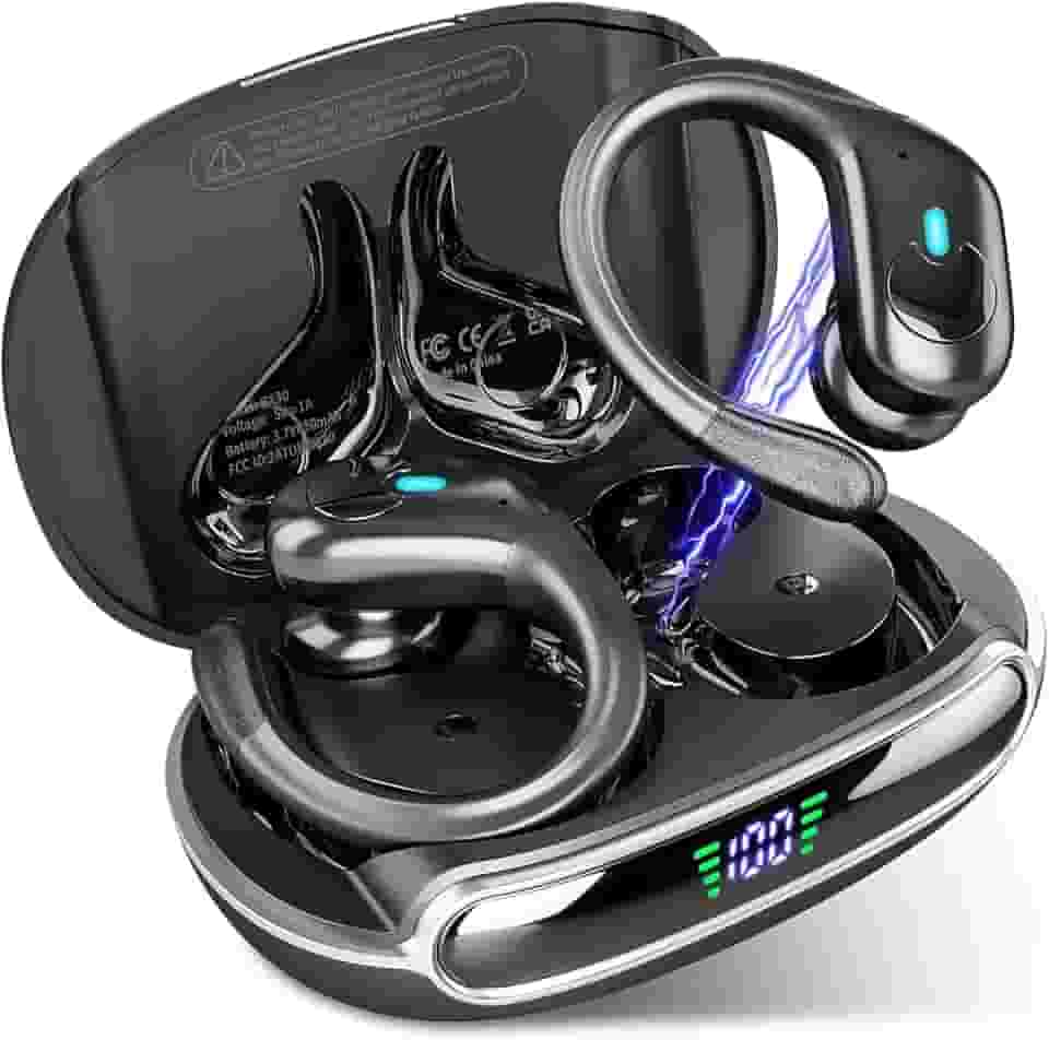 Fones de ouvido sem fio Bluetooth 5.3, fones de ouvido estéreo com graves e ganchos, reprodução de 80 horas e tela dupla de LED, fones de ouvido à prova d'água IP7 (preto)