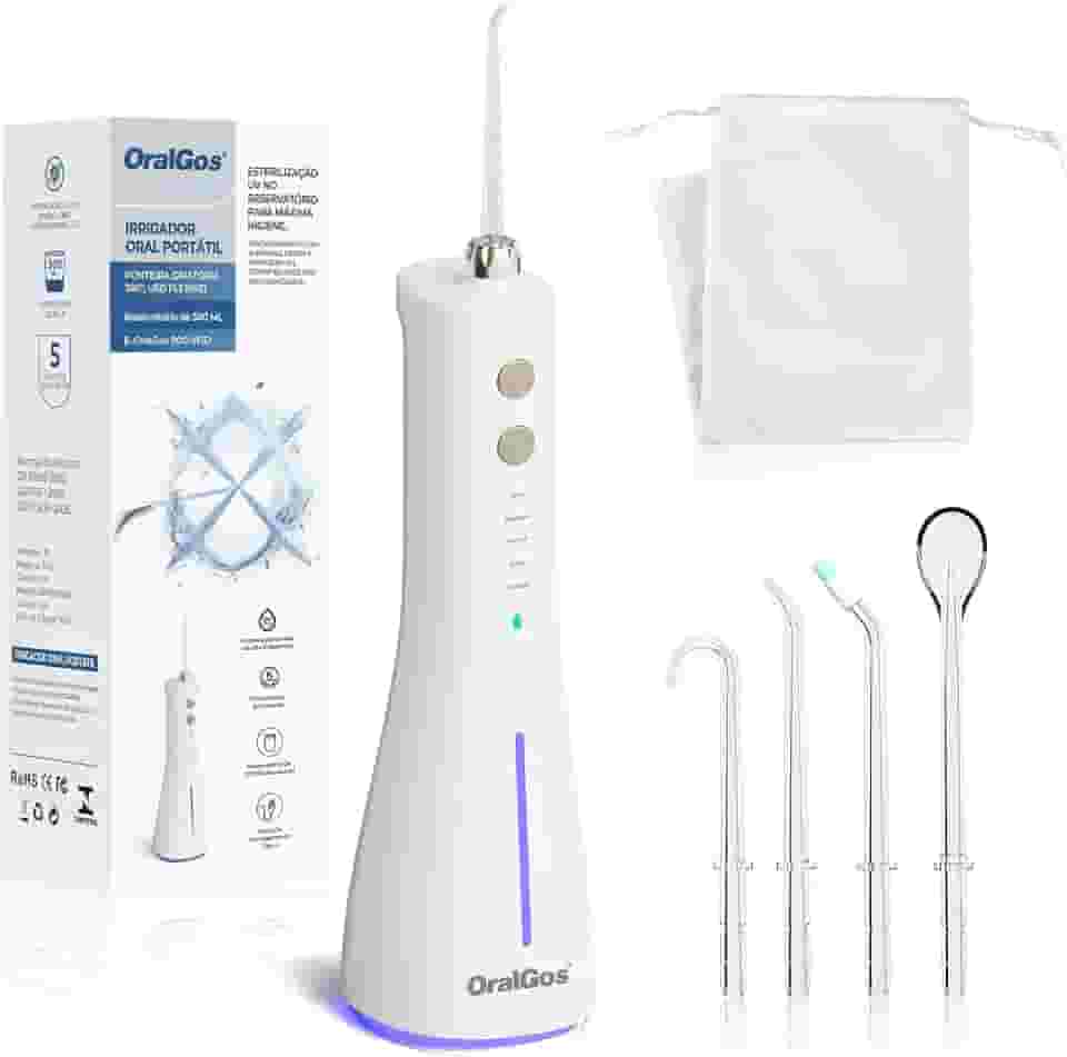 Irrigador Bucal Portátil, com Esterilização UV Water Flosser Elétrico Sem Fio, 300ML, 5 Modos de Limpeza, USB Recarregável, IPX7 À Prova D’Água, 4 Bicos Substituíveis, Viagem e Uso Doméstico (Branco)