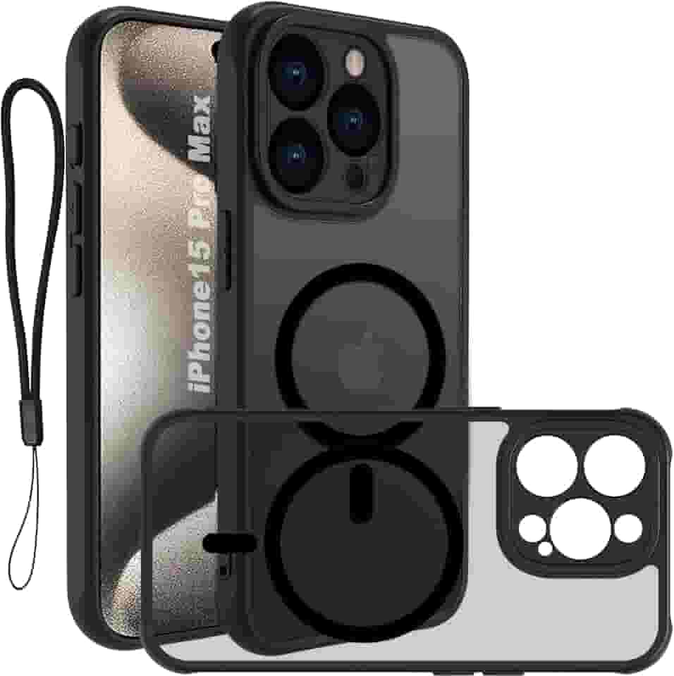 USTIYA Magnética Capa para iPhone 15 Pro Max 6,7 polegadas Case Matte Acrílico Uso Resistente Protetora de Câmera Capinha Acessórios para Celular com Cordão Preto FGCX