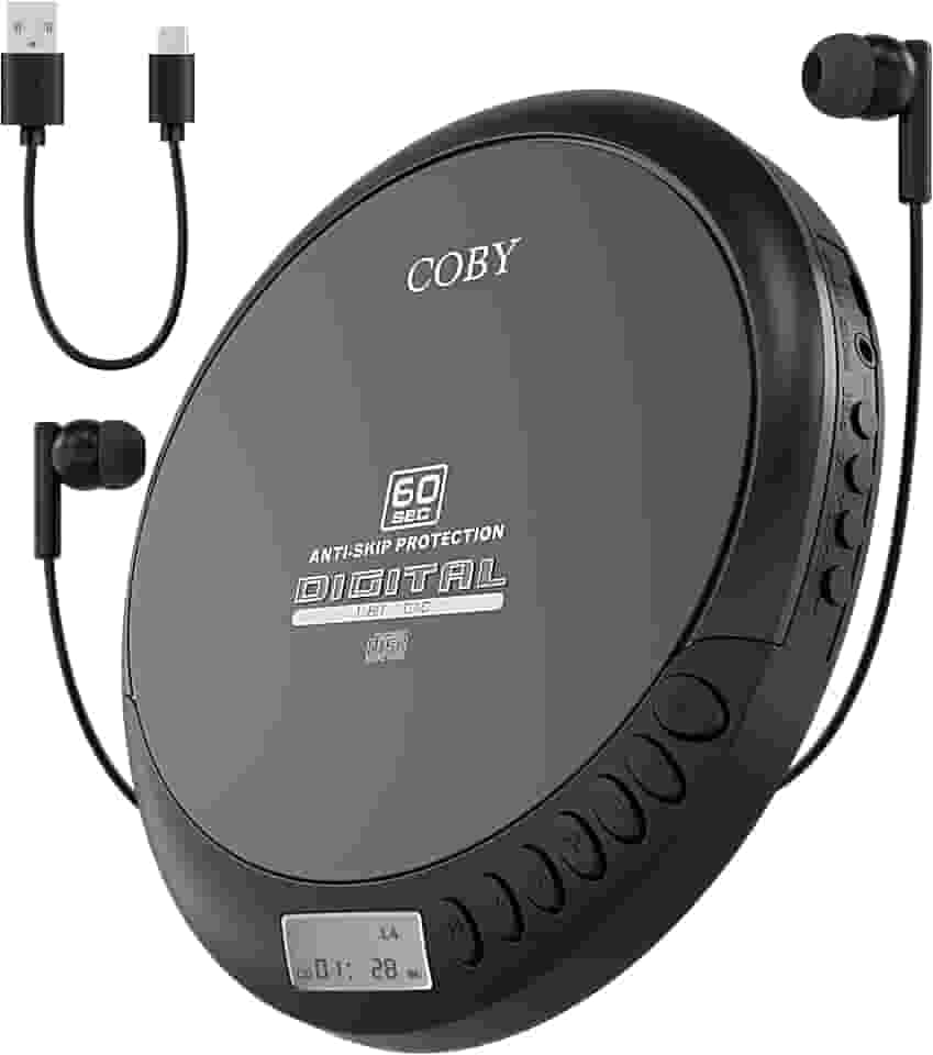 Coby Leitor de Cd Portátil com Fones de Ouvido Estéreo, Rádio Fm, Compatibilidade com Mp3, Display Lcd Discman Portátil | Anti-Salto de 60 Segundos, À Prova de Choque | Alimentado por 2 Pilhas Aa Ou M