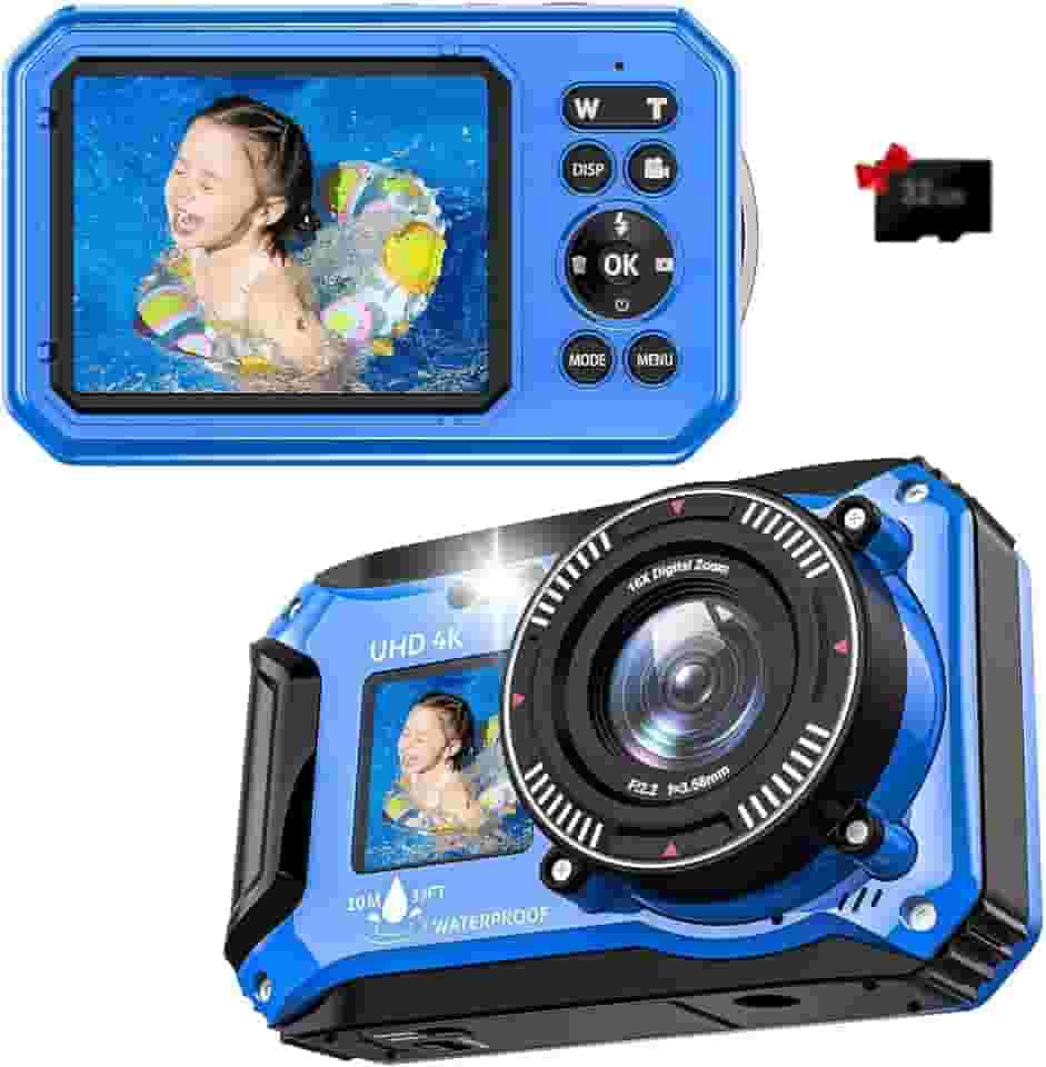 Câmera digital – Câmera subaquática 4K 56MP 33FT UHD para snorkeling com cartão de 32 GB de tela dupla, compacta, à prova d'água, à prova de poeira, câmera flutuante – Câmera digital de foco