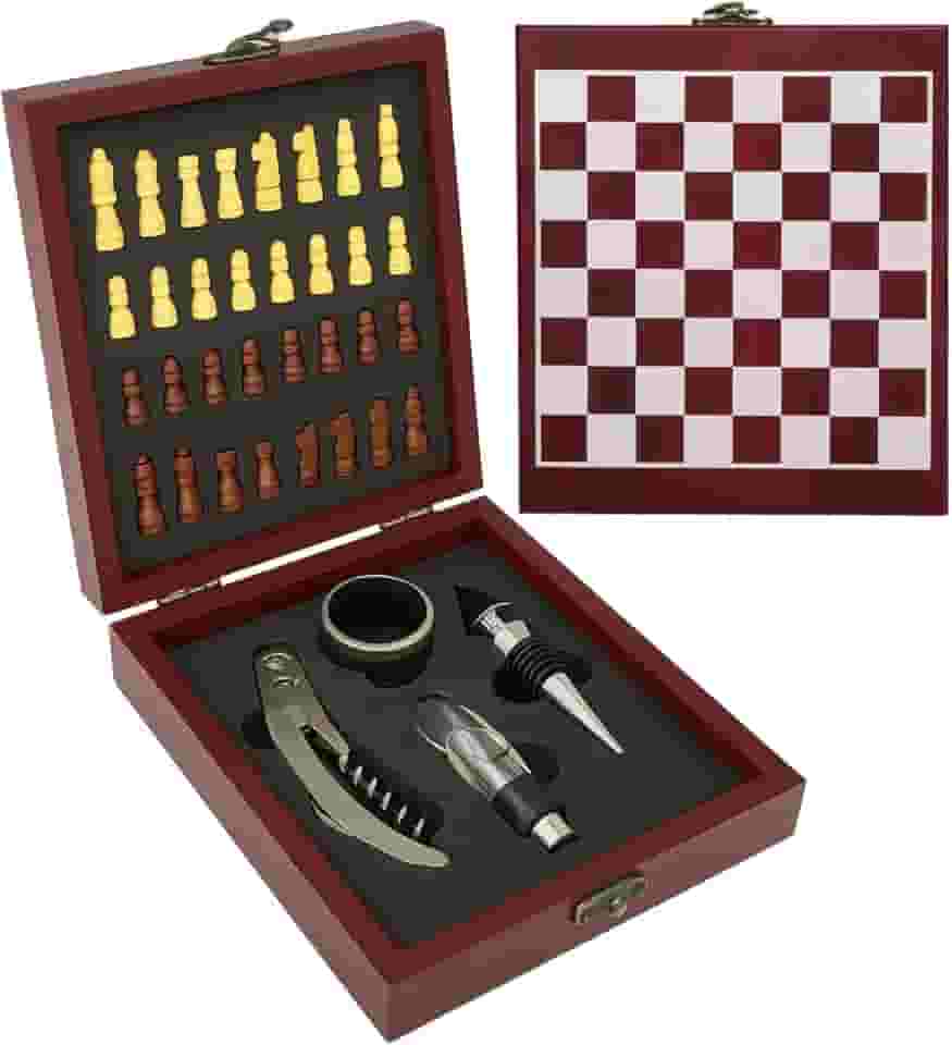 Kit Vinho Completo 4 Peças Com Jogo De Xadrez Em Caixa MDF Presente Elegante Luxo Para Amantes De Vinho E Xadrez