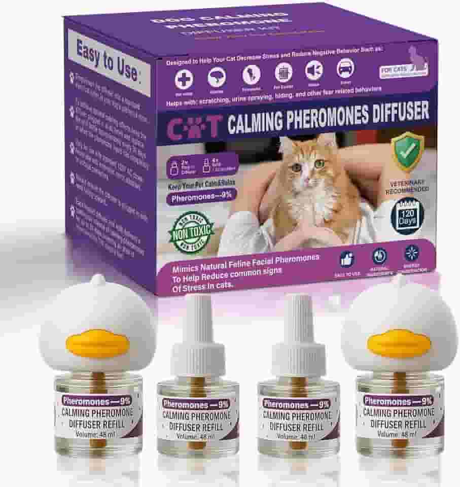 Difusor calmante para gatos, difusor calmante de feromônios para gatos, difusor de feromônios para acalmar gatos, difusor calmante para gatos com 2 difusores + 4 recargas, 120 dias para alívio