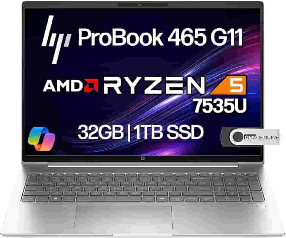 HP Laptop ProBook 465 460 G11 Business Laptop 40.6 cm FHD+ Display, AMD Ryzen 5 7535U, 32GB DDR5 RAM, 1TB NVMe, Wi-Fi 6E, RJ-45, webcam, teclado retroiluminado, Win 11 Pro - Pike Silver Plastic