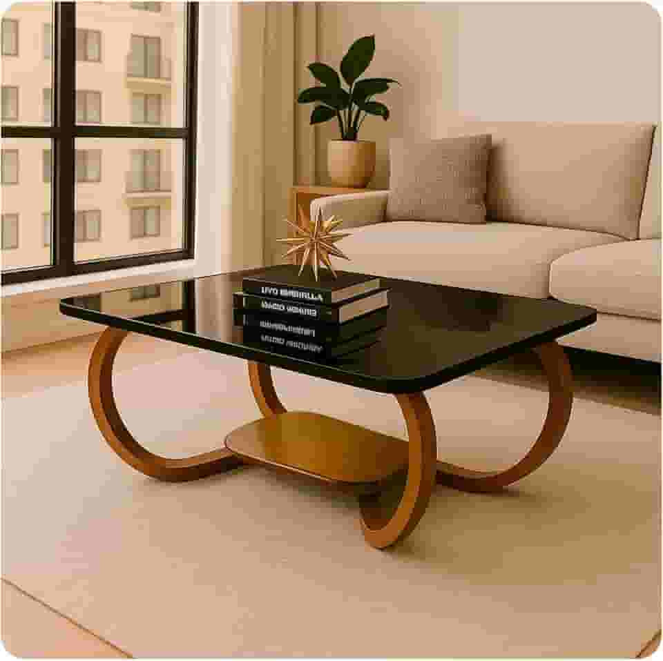 Mesa De Centro Tampo De Vidro Laqueado Base Madeira - Gaia (Preto)