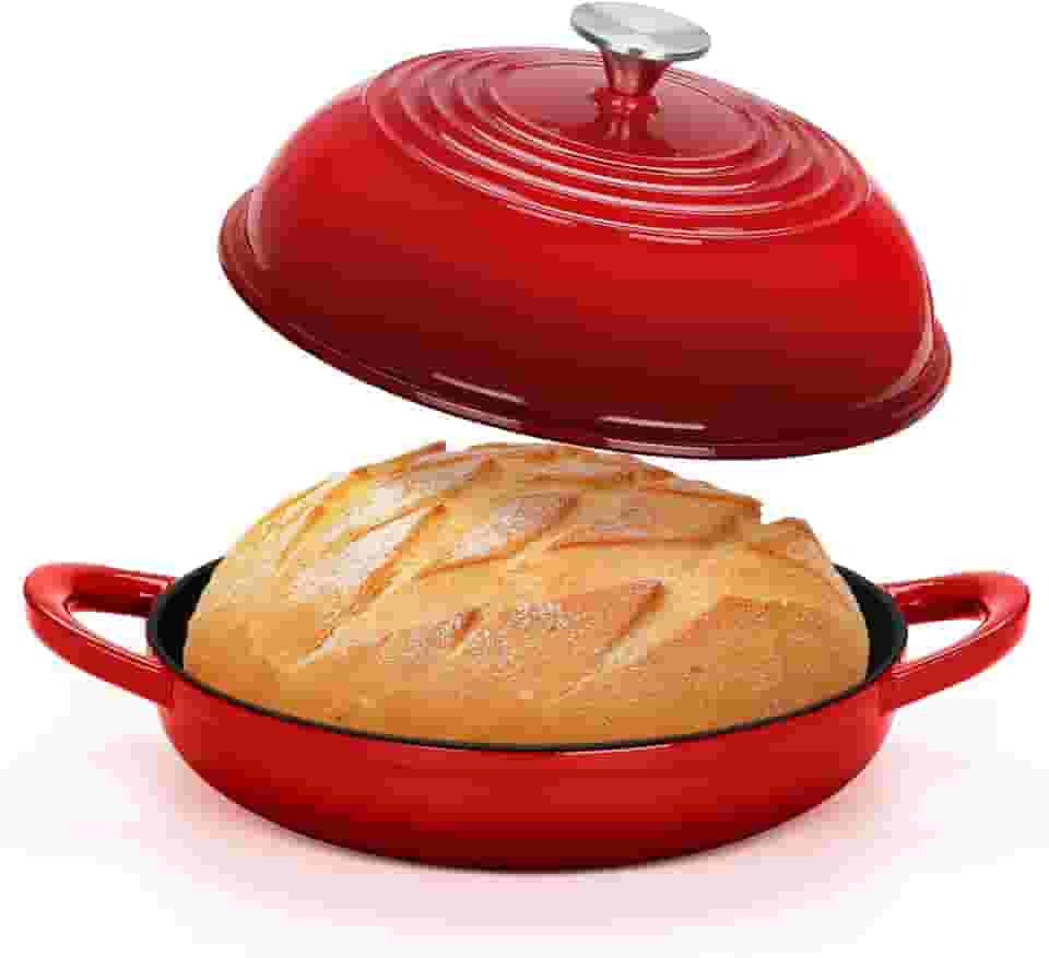 TeamFar Forno holandês de pão de ferro fundido, panela de forno holandês esmaltada de 6 litros para assar pão de fermento, com tampa alta e base redonda, auto-regador e aquecimento uniforme