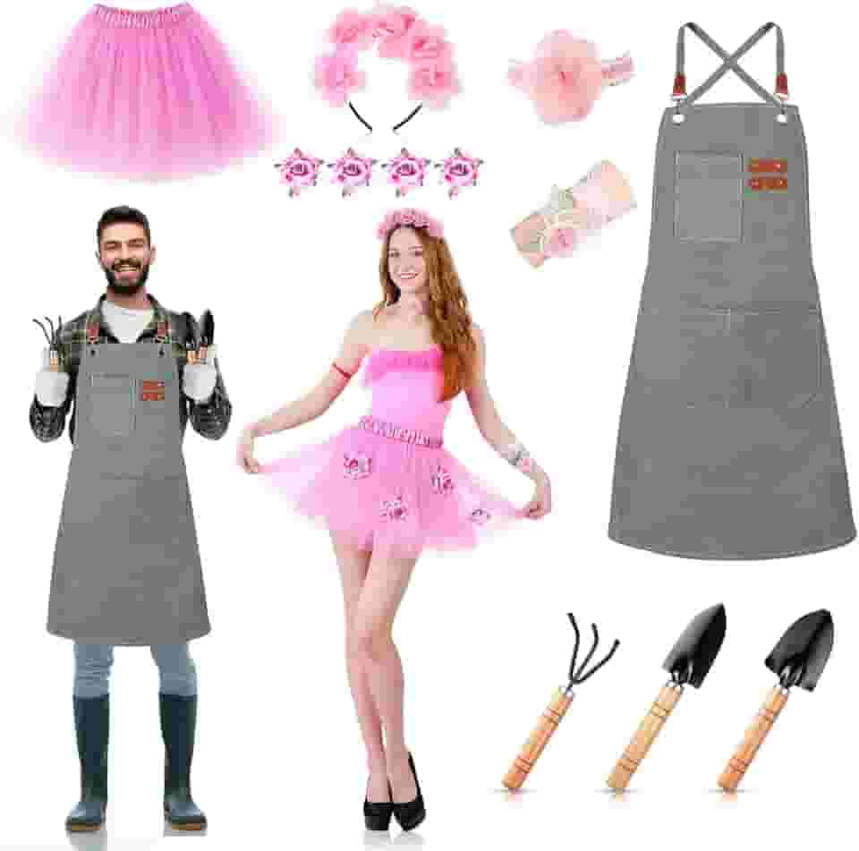 Yearntown Conjunto de 2 fantasias de casal para adultos, fantasias de Halloween combinando, fantasia de jardineiro e rosas, cosplay para mulheres, homens, amigos, cosplay, festa