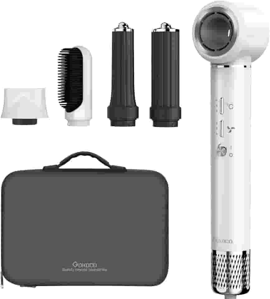 GOKOCO Secador de Cabelo 5 em 1 Conjunto, Escova Secadora 1400W Alta Velocidade 110000 Rpm, Kit Modelador Liso e Cacheado com Bocal Magnético 127Volt e 110Volt, Branco