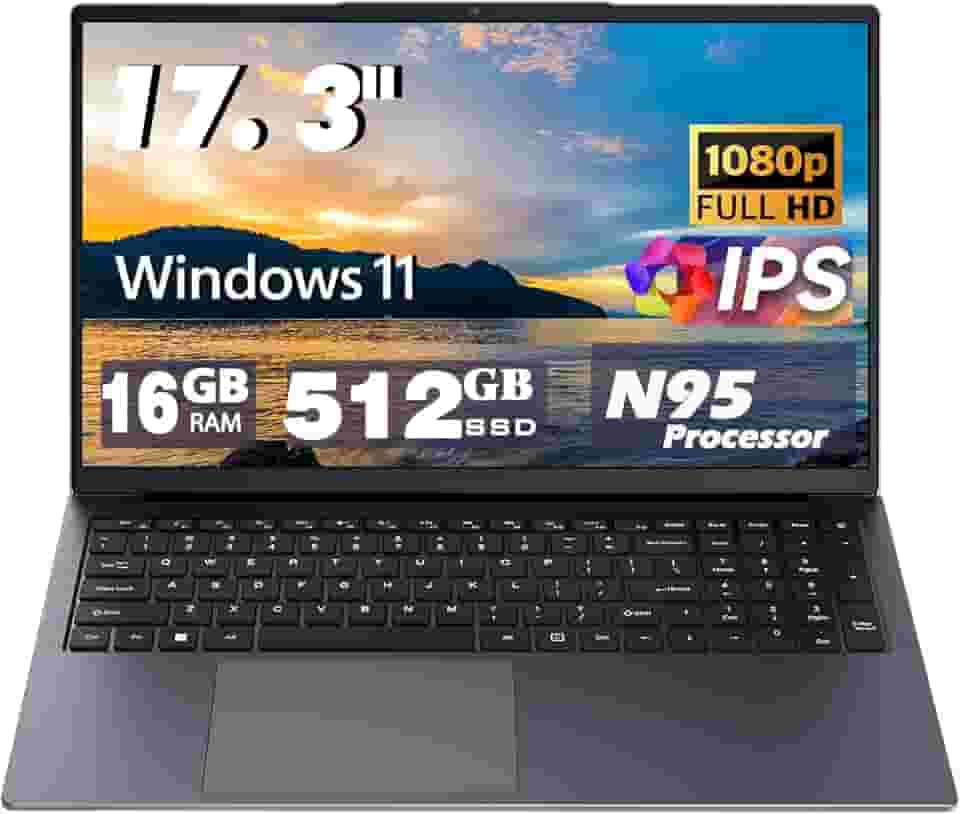 Laptop de 17 polegadas, processador de 12ª geração N95 4C 4T (até 3,4 GHz), 16 GB DDR4 RAM 512 GB SSD, bateria grande 1920 x 1080, 10000 mAh, tipo C (data), WiFi5, BT, RJ45, alto-falantes estéreo
