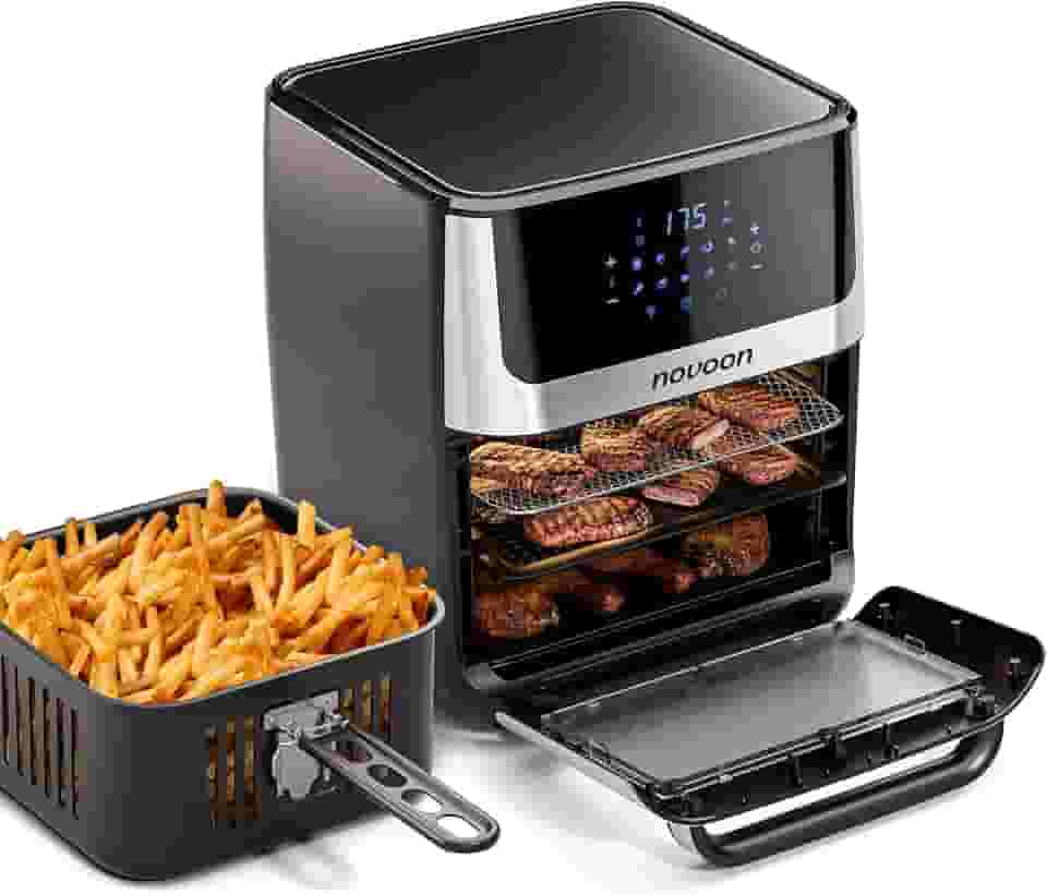 Fritadeira Elétrica Forno Oven Digital Novoon 12L 1700W 4 em 1 - Frita sem Óleo, Assa, Reaquece e Desidrata. Air Fryer 12 Litros Silenciosa Prepara Batata Frita, Frango, Pão de Queijo e Mais 110v