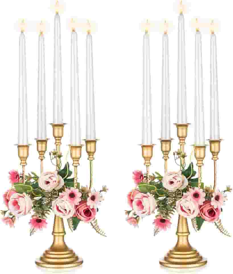 NUPTIO Candelabros dourados conjunto de 2 peças centrais de metal candelabro 5 ramos suportes de vela castiçal lareira recepção de casamento antigo decorativo mesa de jantar Natal