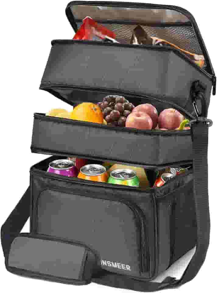 INSMEER Bolsa Térmica Marmita Para Homens, 3 Compartimentos Lancheira Térmica Para Homens Adultos Bolsa Térmica Separada Para Alimentos Quentes E Frios, 3 Compartimentos (Preto)